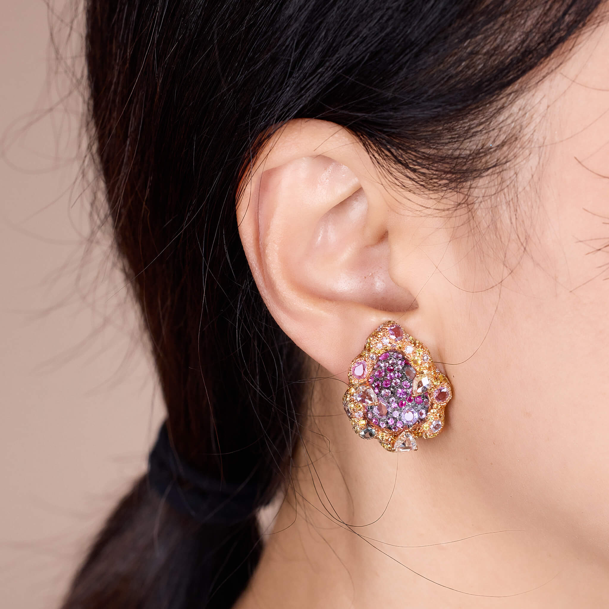 Leaf-shaped Gem Cluster Earrings