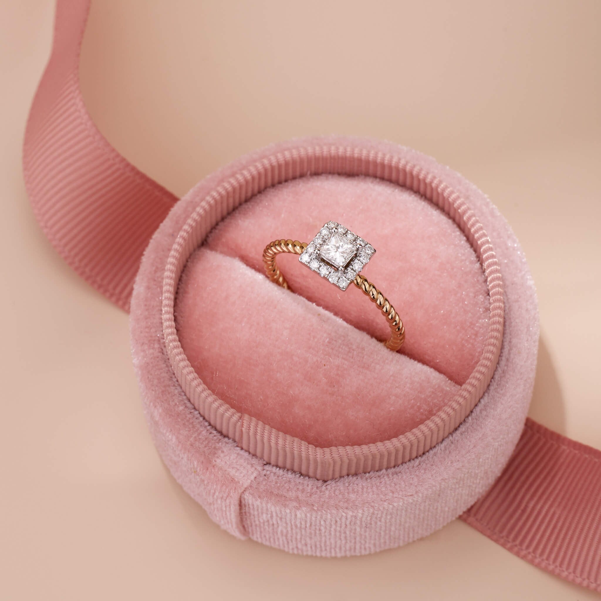 Twisted Band Square Halo Ring